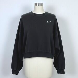 Nike Cropped Crewneck Sweatshirt Black Swoosh Medium Oversized Pullover Top